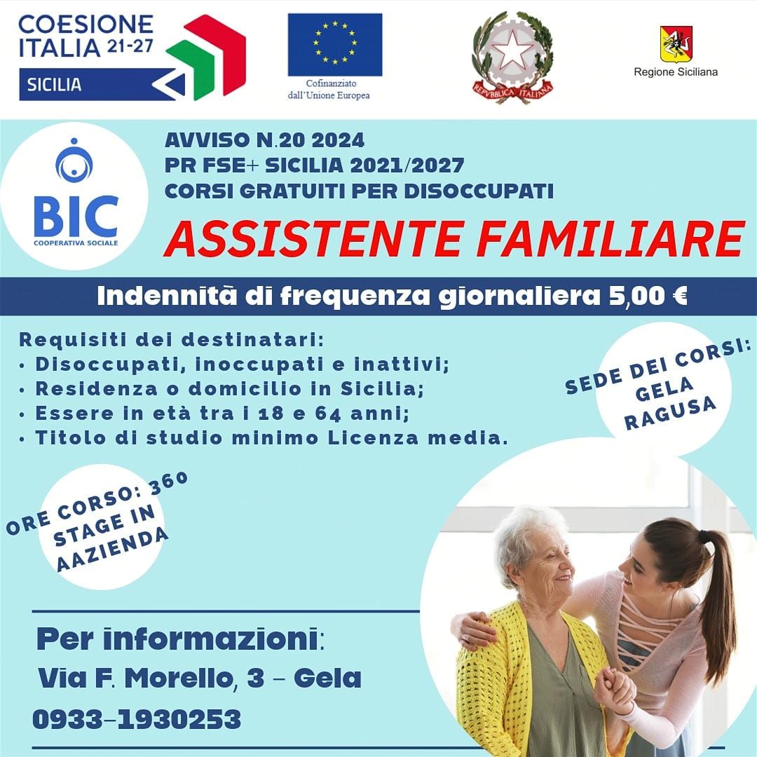 Avviso N. 20/2024 PR Sicilia FSE+ 2021-2027 – Avviso per la realizzazione di percorsi per la formazione di assistenti familiari